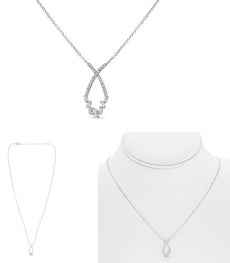 .18CT DIAMOND 14KT WHITE GOLD 3D ROUND & BAGUETTE OPEN TEAR DROP LOVE NECKLACE
