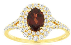 1.40CT DIAMOND & AAA GARNET 14K YELLOW GOLD OVAL & ROUND DOUBLE HALO FLOWER RING