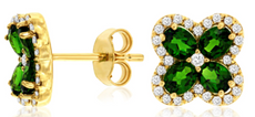 1.79CT DIAMOND & AAA RUSSALITE 14KT YELLOW GOLD OVAL 4 LEAF CLOVER STUD EARRINGS