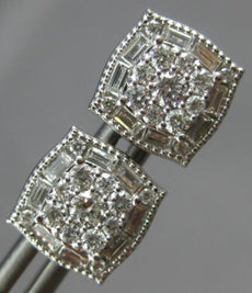 .90CT DIAMOND 14KT WHITE GOLD 3D ROUND & BAGUETTE SQUARE FILIGREE STUD EARRINGS