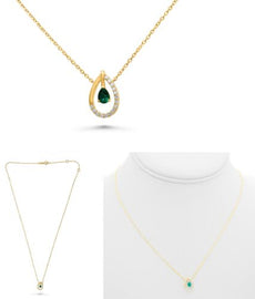 .20CT DIAMOND & AAA EMERALD 14KT YELLOW GOLD 3D PEAR SHAPE & ROUND LOVE NECKLACE