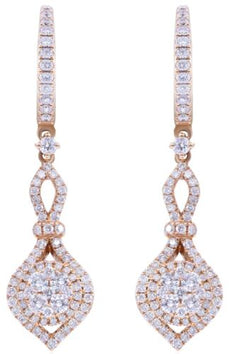 1.27CT DIAMOND 14KT ROSE GOLD 3D CLASSIC FLOWER TEAR DROP FUN HANGING EARRINGS