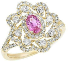1.21CT DIAMOND & AAA PINK SAPPHIRE 14KT YELLOW GOLD ROUND & OVAL FLOWER FUN RING