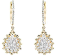 .68CT DIAMOND 14KT 2 TONE GOLD ROUND CLUSTER TEAR DROP HUGGIE HANGING EARRINGS