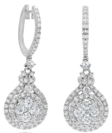 1.85CT DIAMOND 18K WHITE GOLD CLUSTER FLOWER DOUBLE HALO HUGGIE HANGING EARRINGS
