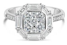 1.21CT DIAMOND 18KT WHITE GOLD 3D ROUND & BAGUETTE SQUARE OCTAGON HALO LOVE RING