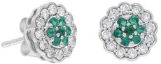 ESTATE .62CT DIAMOND & AAA EMERALD 14KT WHITE GOLD CLASSIC FLOWER STUD EARRINGS