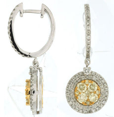 1.56CT WHITE & FANCY YELLOW DIAMOND 14K WHITE GOLD ROUND HUGGIE HANGING EARRINGS