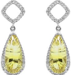 LARGE 4.18CT DIAMOND & AAA LEMON QUARTZ 14KT WHITE GOLD CLASSIC HANGING EARRINGS