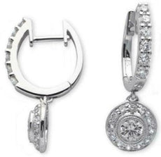 1.0CT DIAMOND 14KT WHITE GOLD CLUSTER FILIGREE MILGRAIN HUGGIE HANGING EARRINGS