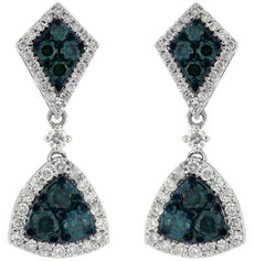 1.3CT WHITE & BLUE DIAMOND 14K WHITE GOLD CLUSTER TRILLION HALO HANGING EARRINGS