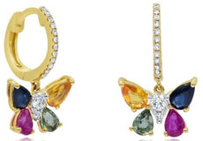 2.10CT DIAMOND & AAA MULTI COLOR SAPPHIRE 14KT YELLOW GOLD 3D BUTTERFLY EARRINGS