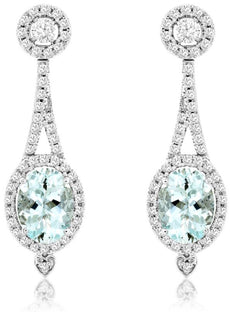 2.83CT DIAMOND & AAA AQUAMARINE 14KT WHITE GOLD 3D OVAL & ROUND HANGING EARRINGS