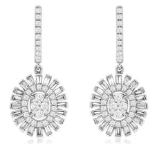 ESTATE 1.05CT DIAMOND 14KT WHITE GOLD ROUND & BAGUETTE FLOWER HANGING EARRINGS