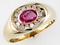 1.25CT DIAMOND & AAA PINK SAPPHIRE 14KT YELLOW GOLD OVAL & ROUND BEZEL MENS RING