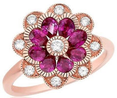 1.56CT DIAMOND & AAA RUBY 14KT ROSE GOLD PEAR SHAPE & ROUND FLOWER FILIGREE RING