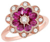 1.56CT DIAMOND & AAA RUBY 14KT ROSE GOLD PEAR SHAPE & ROUND FLOWER FILIGREE RING