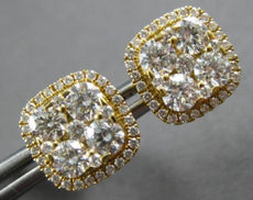 LARGE 1.83CT DIAMOND 18K YELLOW GOLD CLUSTER INVISIBLE SQUARE HALO STUD EARRINGS