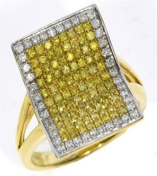 .75CT WHITE & FANCY YELLOW DIAMOND 18KT 2 TONE GOLD 3D PAVE RECTANGULAR FUN RING