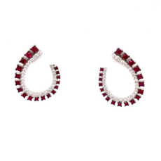 1.86CT DIAMOND & AAA RUBY 18K WHITE GOLD OPEN DROP LUCKY HORSESHOE STUD EARRINGS