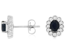 1.21CT DIAMOND & AAA SAPPHIRE 14KT WHITE GOLD OVAL & ROUND FLOWER STUD EARRINGS