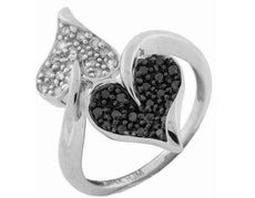.40CT WHITE & BLACK DIAMOND 14K WHITE GOLD 3D CRISS CROSS DOUBLE HEART LOVE RING