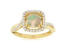 1.26CT DIAMOND & AAA OPAL 14KT YELLOW GOLD 3D CUSHION & ROUND HALO INFINITY RING