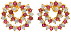 LARGE 3.0CT DIAMOND & AAA RUBY 14KT YELLOW GOLD DOUBLE CIRCULAR SIDEWAY EARRINGS