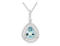 1.70CT DIAMOND & AAA AQUAMARINE 14K WHITE GOLD 3D PEAR SHAPE DOUBLE HALO PENDANT