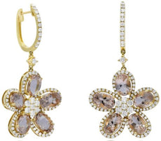6.64CT DIAMOND & AAA MORGANITE 14K YELLOW GOLD 3D OVAL & ROUND HANGING EARRINGS