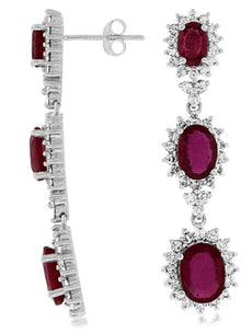 8.40CT DIAMOND & AAA RUBY 14KT WHITE GOLD OVAL & ROUND FLOWER HANGING EARRINGS
