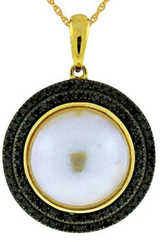.30CT BLACK DIAMOND & AAA PEARL 14KT YELLOW GOLD HALO CIRCULAR FLOATING PENDANT