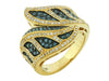 WIDE 1.0CT WHITE & BLUE DIAMOND 14K YELLOW GOLD DOUBLE LEAF CRISS CROSS FUN RING