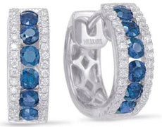 1.01CT DIAMOND & AAA SAPPHIRE 14KT WHITE GOLD THREE ROW CLASSIC HUGGIE EARRINGS