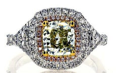 2.63CT WHITE PINK & GREEN DIAMOND 18KT TRI COLOR GOLD 3D SQUARE ENGAGEMENT RING