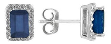 1.25CT DIAMOND & AAA SAPPHIRE 14KT WHITE GOLD EMERALD CUT & ROUND STUD EARRINGS
