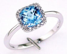 1.40CT DIAMOND & AAA BLUE TOPAZ 14KT WHITE GOLD 3D CUSHION & ROUND HALO FUN RING
