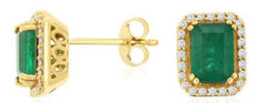 2.28CT DIAMOND & AAA EMERALD 14KT YELLOW GOLD SQUARE HALO OCTAGON STUD EARRINGS