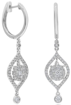 .73CT DIAMOND 18KT WHITE GOLD FLOWER TEAR DROP SOLITAIRE HUGGIE HANGING EARRINGS