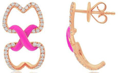 .55CT DIAMOND & PINK ENAMEL 14KT ROSE GOLD DOUBLE HEART X LOVE HANGING EARRINGS
