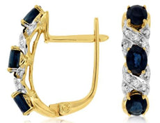1.19CT DIAMOND & AAA SAPPHIRE 14KT 2 TONE GOLD OVAL 3 STONE XO HANGING EARRINGS