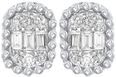 ESTATE .27CT DIAMOND 14KT WHITE GOLD ROUND & BAGUETTE CLUSTER OVAL STUD EARRINGS