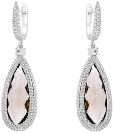 14.93CT DIAMOND & AAA SMOKY TOPAZ 14KT WHITE GOLD 3D TEAR DROP HANGING EARRINGS