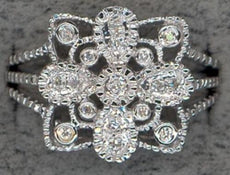 ESTATE .07CT DIAMOND 14KT WHITE GOLD 3D CLASSIC FLOWER FILIGREE SQUARE FUN RING