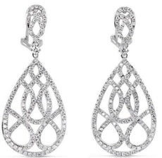 2.93CT DIAMOND 14KT WHITE GOLD TEAR DROP OPEN FILIGREE CLIP ON HANGING EARRINGS