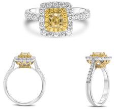 1.09CT WHITE & FANCY YELLOW DIAMOND 18KT TWO TONE GOLD 3D CUSHION & ROUND RING