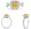 1.09CT WHITE & FANCY YELLOW DIAMOND 18KT TWO TONE GOLD 3D CUSHION & ROUND RING