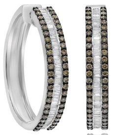 1.69CT WHITE & CHOCOLATE FANCY DIAMOND 18KT WHITE GOLD BAGUETTE & ROUND EARRINGS
