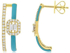.54CT DIAMOND & TURQUOISE ENAMEL 14KT YELLOW GOLD ROUND & BAGUETTE FUN EARRINGS