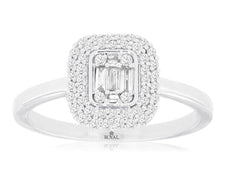.30CT DIAMOND 14KT WHITE GOLD 3D ROUND & BAGUETTE CLUSTER FLOWER BEZEL FUN RING